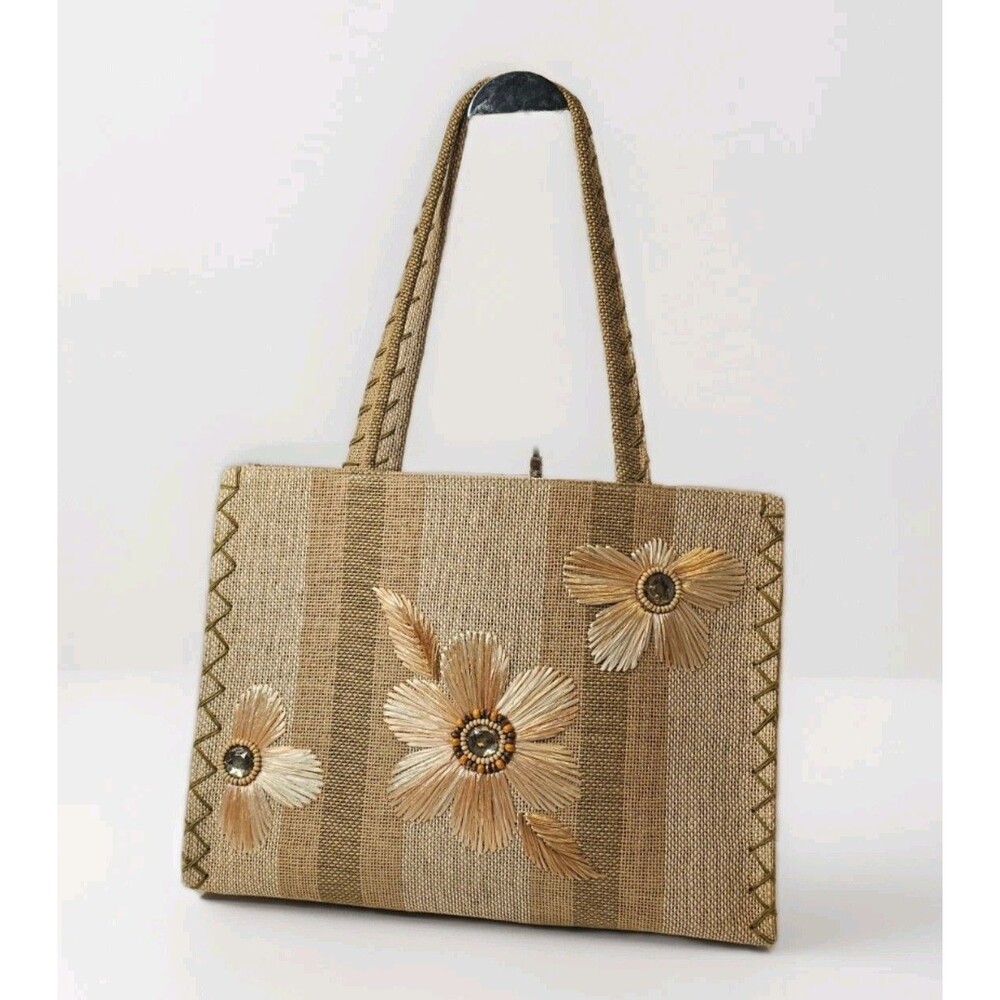 Handmade Woven Raffia Straw Floral Tote Bag with Beaded Rhinestone Accents EUC - Picture 2 of 10
